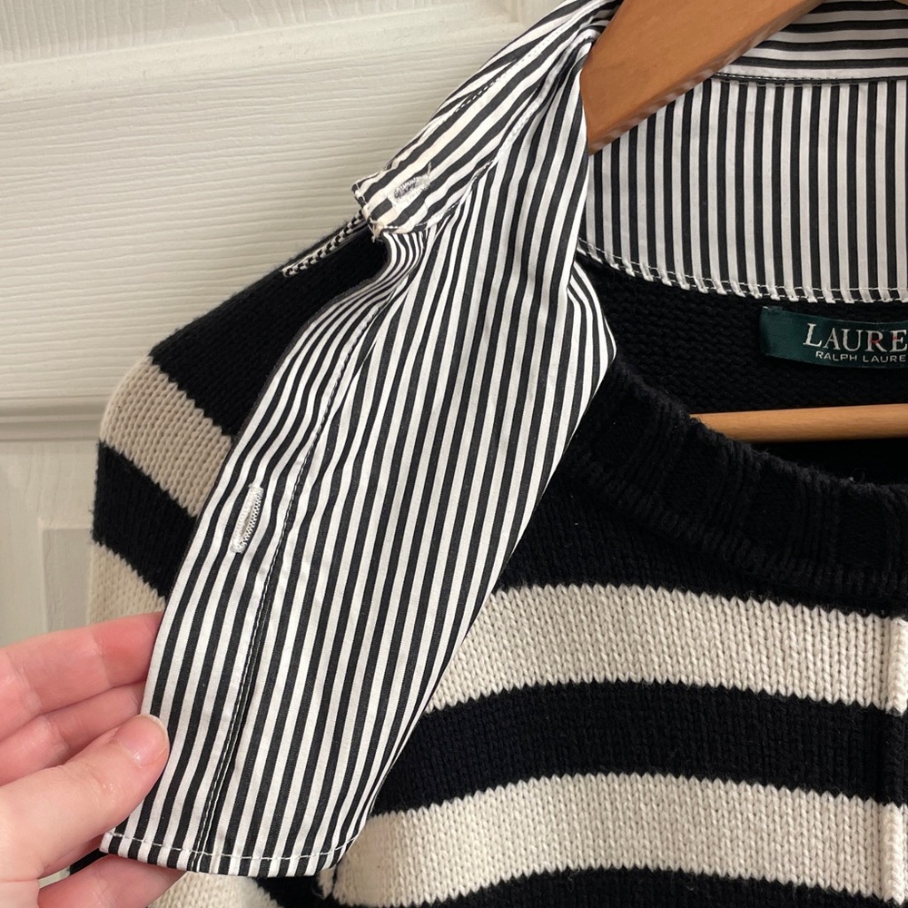 Ralph Lauren Polo Black & Cream Striped Layered Bullion Patched Sweater Size PL - Picture 5 of 17